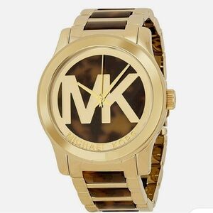 MICHAEL KORS RUNWAY GOLD TONE & TORTOISE BROWN LOGO MK BRACELET WATCH MK5788